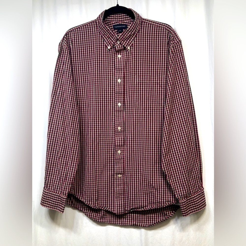 Lands End Red Green Black White Check Plaid Button Shirt Mens XL 17-17.5